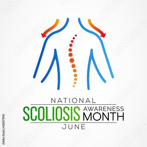 Scoliosis awareness month is observed every year in June, it is an abnormal lateral curvature of the spine. It is most often diagnosed in childhood or early adolescence. Vector illustration.
