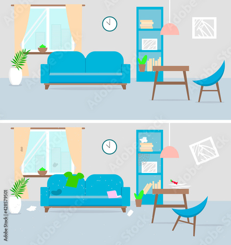 Living room befor and after cleaning. Tiding service. Flat style. Vector stock illustration for card or poster