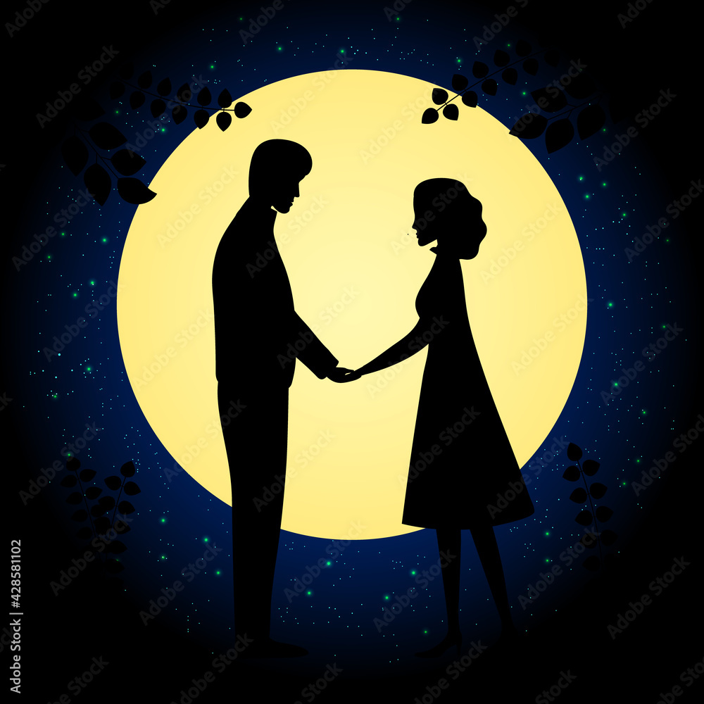 Lovers hold each other's hands at night against the background of the moon. Love theme. Vector illustration. It can be used to illustrate various magazines, booklets, screensavers, postcards, covers, 