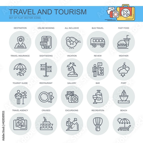 Travel and tourism. Vacation. Set of flat, vector, linear icons. The set contains icons such as excursions, port, travel agent, restaurant, gallery, all inclusive and others.

