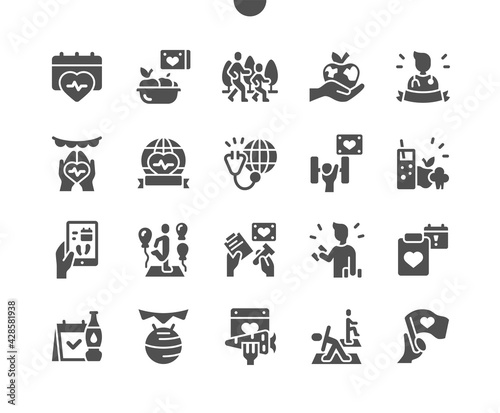 World Health Day 7 April. Natural products. Healthcare. Yoga, running, sport and fitness. Calendar. Seventh of april. Holiday. Vector Solid Icons. Simple Pictogram