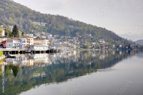 Ponte Tresa on Lake Lugano in the morning, HDR image  photo