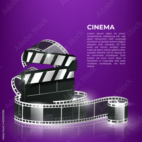 Movie time vector illustration. Cinema poster concept on red round background. Composition with popcorn, clapperboard, 3d glasses and filmstrip. Cinema banner design for movie theater.