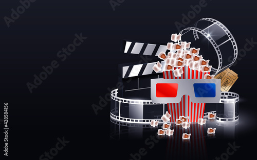 Cinema film strip wave, film reel and clapper board isolated on dark background. 3d movie flyer or poster with place for your text. Template design cinematography concept of film industry. Vector EPS