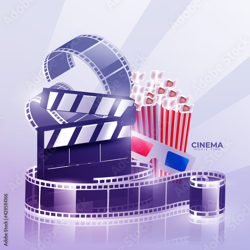 Illustration for the film industry. Popcorn, reel, film and clapperboard on a white background. Highly detailed illustration