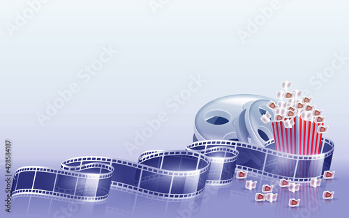 Online cinema, cinema concept banner, strip cinematography, cinematograph, popcorn for movie theater and online cinema, reel with film,