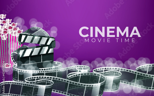 Cinema film strip wave, film reel and clapper board isolated on red background. 3d movie flyer or poster with place for your text. Template design cinematography concept of film industry. Vector EPS
