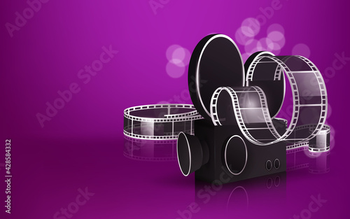 Cinema film strip wave, film reel and clapper board isolated on red background. 3d movie flyer or poster with place for your text. Template design cinematography concept of film industry. Vector EPS