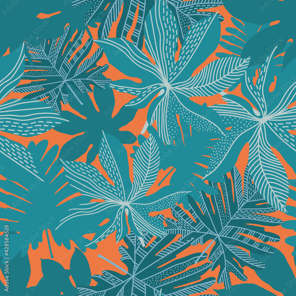 Vector seamless pattern of tropical plants. Trending colors leaves background. Textile sketch, background, wrapping paper, design, packaging. Eps 10.