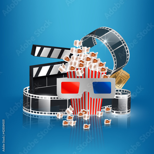 Cinema videocamera food clapboard and 3d glasses design, Movie video film media entertainment theme Vector illustration