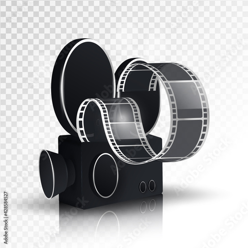 Realistic cinema advertising poster. Popcorn bucket, clapperboard, movie tape and reel, flying popcorn in motion. Film production banner. Movie premiere show announcement design.