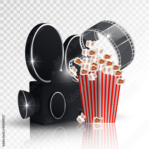 Online cinema, cinema concept banner, strip cinematography, cinematograph, popcorn for movie theater and online cinema, reel with film,