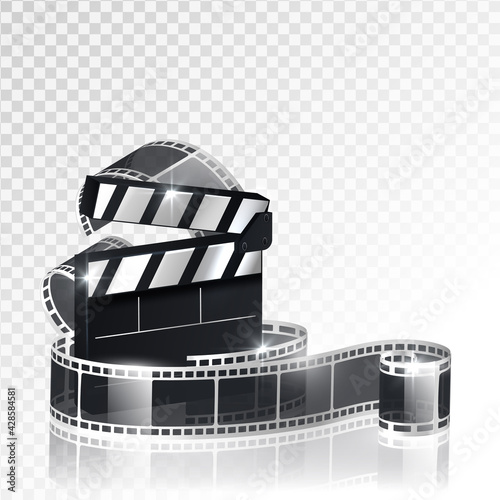 Online cinema, cinema concept banner, strip cinematography, cinematograph, popcorn for movie theater and online cinema, reel with film,