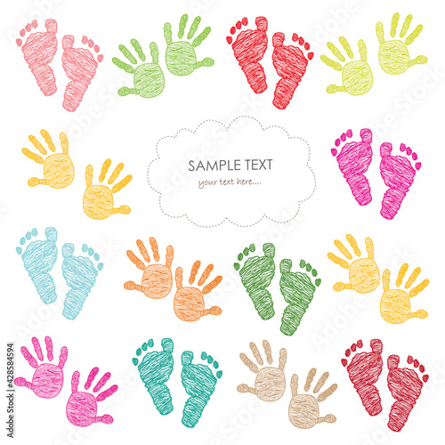 Colorful baby girl and boy foot and hand print arrival greeting card © Gulsen Gunel