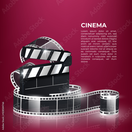 Movie time vector illustration. Cinema poster concept on red round background. Composition with popcorn, clapperboard, 3d glasses and filmstrip. Cinema banner design for movie theater.