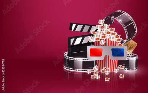 Cinema videocamera food clapboard and 3d glasses design, Movie video film media entertainment theme Vector illustration