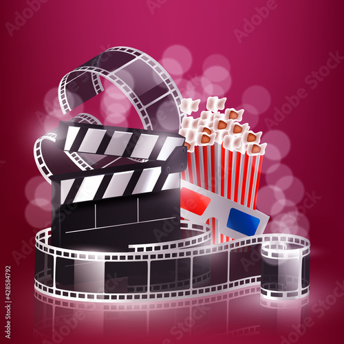 Cinema videocamera food clapboard and 3d glasses design, Movie video film media entertainment theme Vector illustration