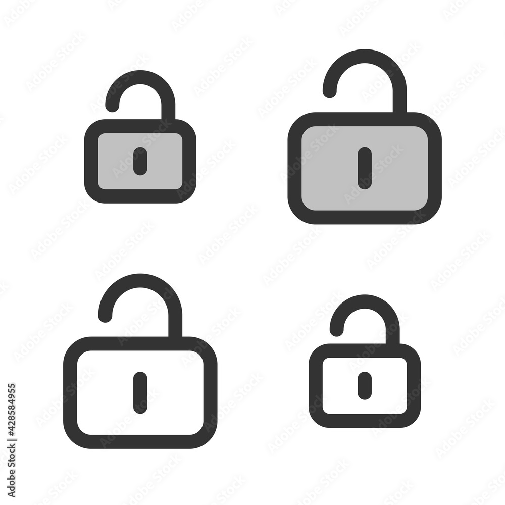 Pixel-perfect linear icon of a unlocked padlock built on two base grids of 32x32 and 24x24 pixels. The initial base line weight is 2 pixels. In two-color and one-color versions. Editable strokes Pixel-perfect linear icon of a unlocked padlock built on two base grids of 32x32 and 24x24 pixels. The initial base line weight is 2 pixels. In two-color and one-color versions. Editable strokes