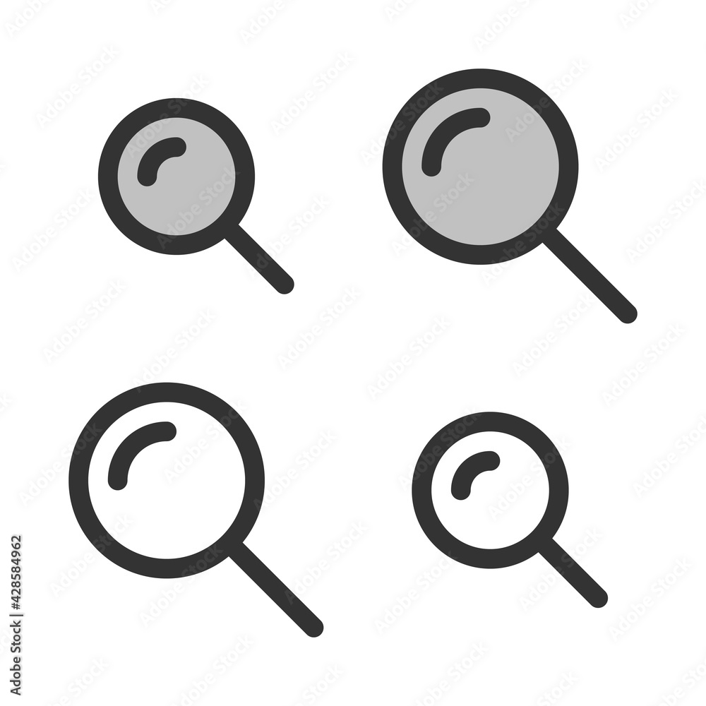 Pixel-perfect linear icon of magnifying glass  built on two base grids of 32x32 and 24x24 pixels for. The initial base line weight is 2 pixels. In two-color and one-color versions. Editable strokes