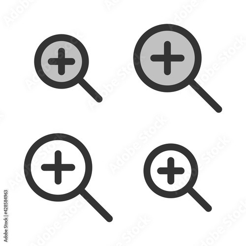 Pixel-perfect line icon of increase magnifying glass  built on two base grids of 32x32 and 24x24 pixels. The initial base line weight is 2 pixels. In two-color and one-color versions. Editable strokes