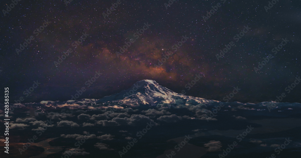 Landscape with Milky Way. Night sky with stars on the mountain
