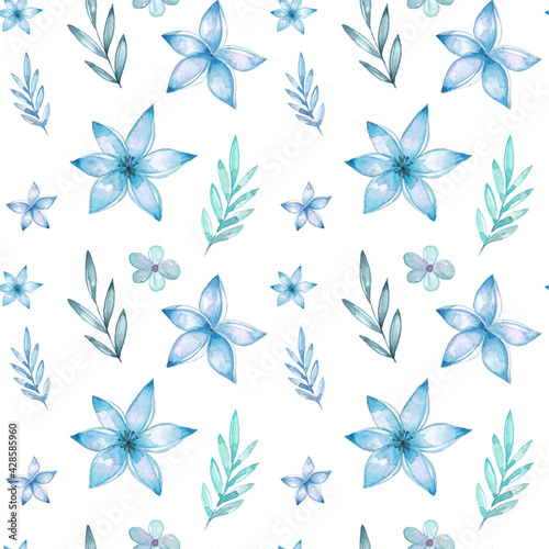Watercolor blue floral seamless pattern