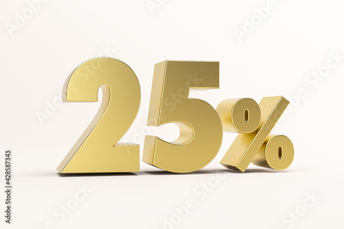 3D illustration twenty five percent golden isolated on white background. 3D rendering for advertising. 25% off on sale.