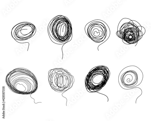 Tangled abstract doodle with hand drawn line. Stream of thoughts, emotions. Doodle elements set. Isolated sketch on a white background. Design for coaching, psychoanalysis. Vector illustration