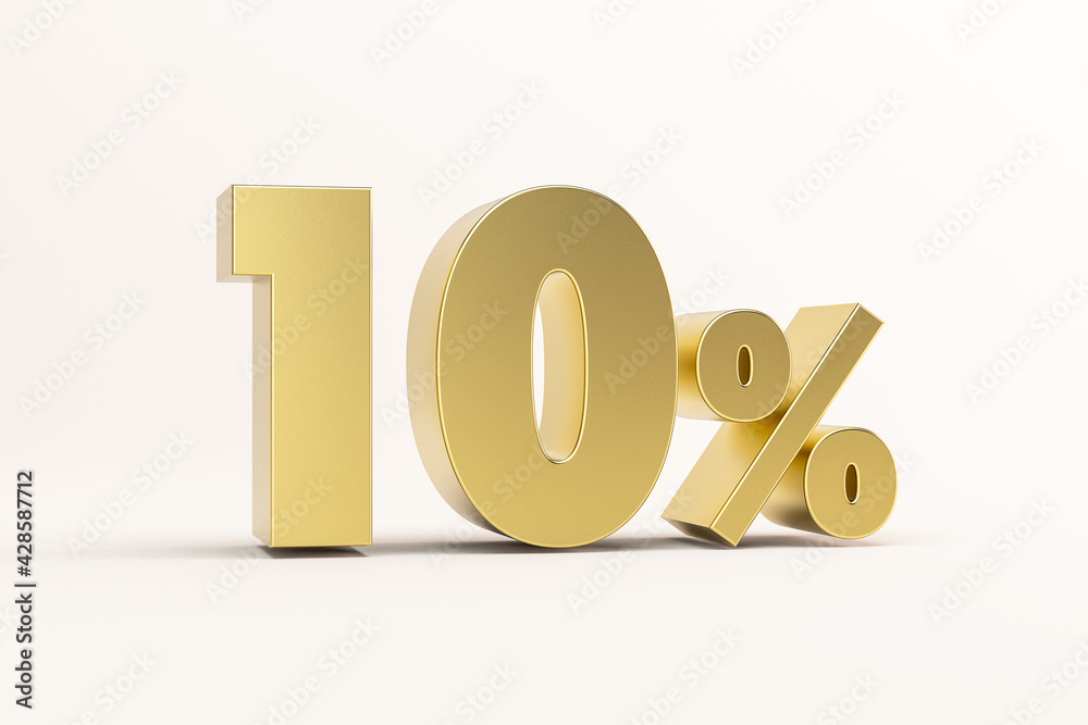 3d illustration ten percent golden isolated on white background. 3d rendering for advertising. 10% off on sale. 3d illustration ten percent golden isolated on white background. 3d rendering for advertising. 10% off on sale.