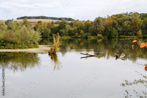 Autumn morning at the old abandoned gravel pit near Milotice over Becva. Moravia. Czechia. Europe. 