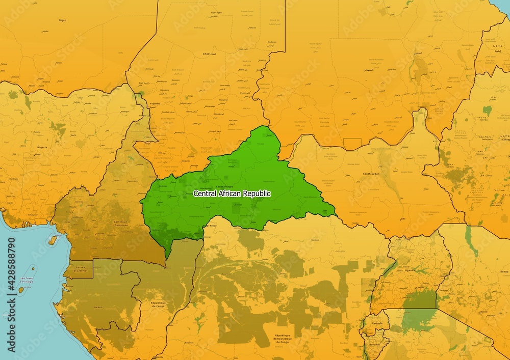 Naklejka premium Central African Republic map showing country highlighted in green color with rest of African countries in brown
