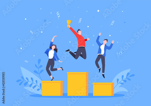 People standing on the podium rank first three places, jumps in the air with trophy cap. Employee recognition and competition award winner business concept flat style design vector illustration.