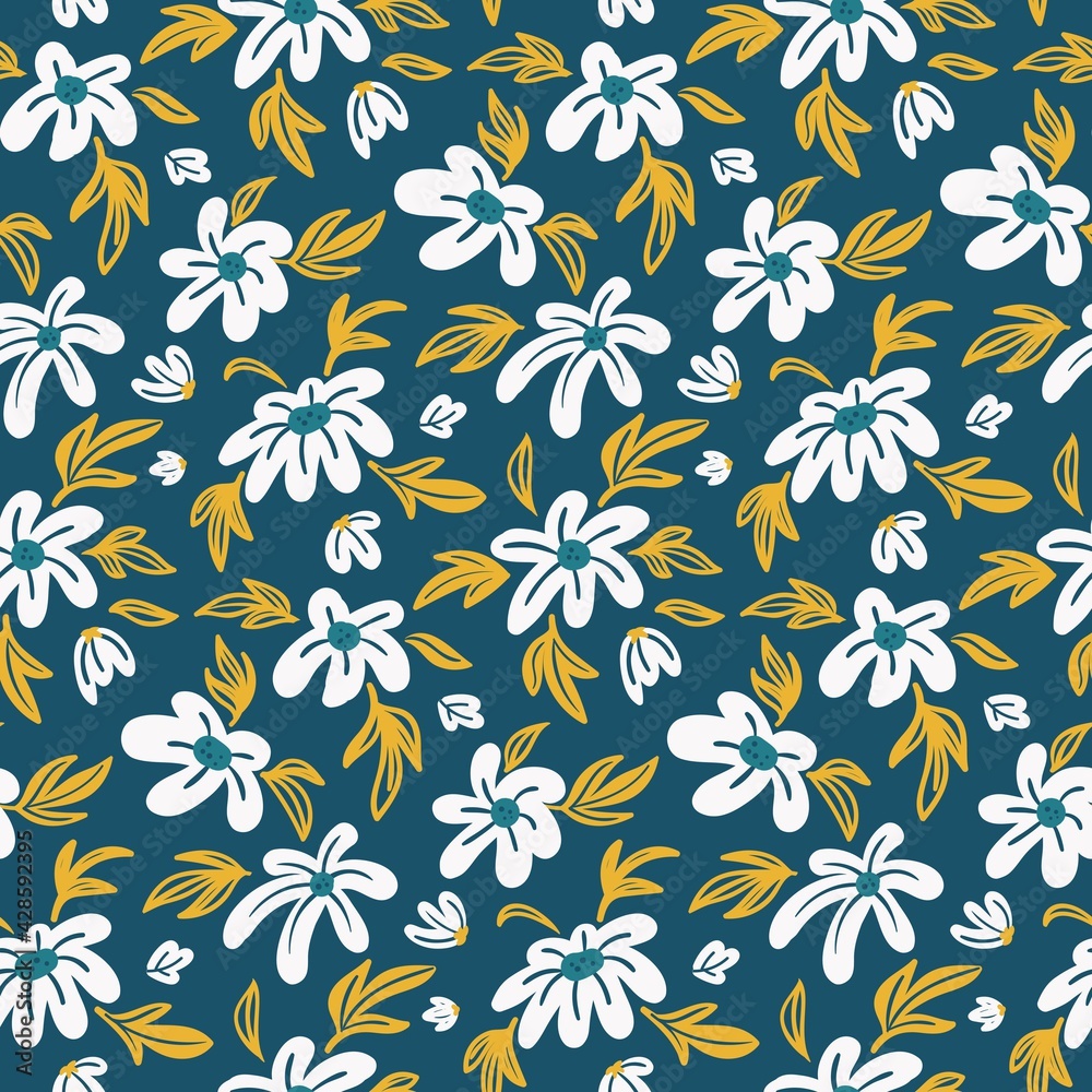 spring seamless floral pattern with white hand drawn flowers on green background spring seamless floral pattern with white hand drawn flowers on green background