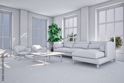 Illustration 3D rendering large luxury modern bright interiors Living room mockup computer digitally generated image