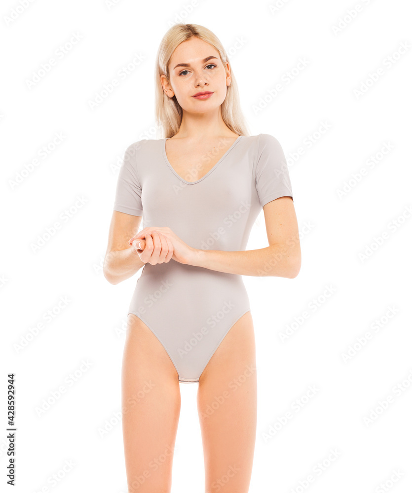 Portrait of a young blonde woman in gray bodysuit Portrait of a young blonde woman in gray bodysuit