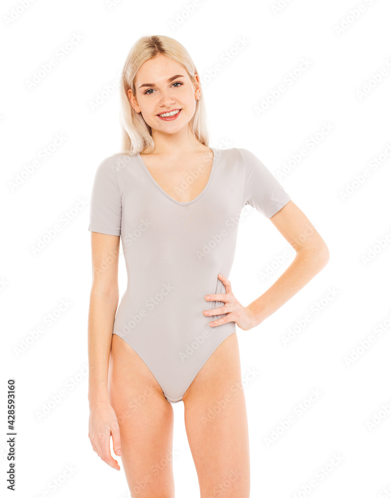 Portrait of a young blonde woman in gray bodysuit Portrait of a young blonde woman in gray bodysuit