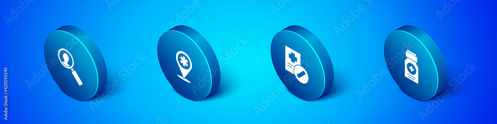 Set Isometric Medical analysis, prescription, Medicine bottle and Map pointer with cross hospital icon. Vector