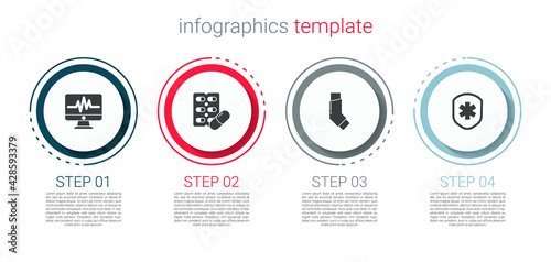 Set Monitor with cardiogram, Pills in blister pack, Inhaler and Medical shield cross. Business infographic template. Vector
