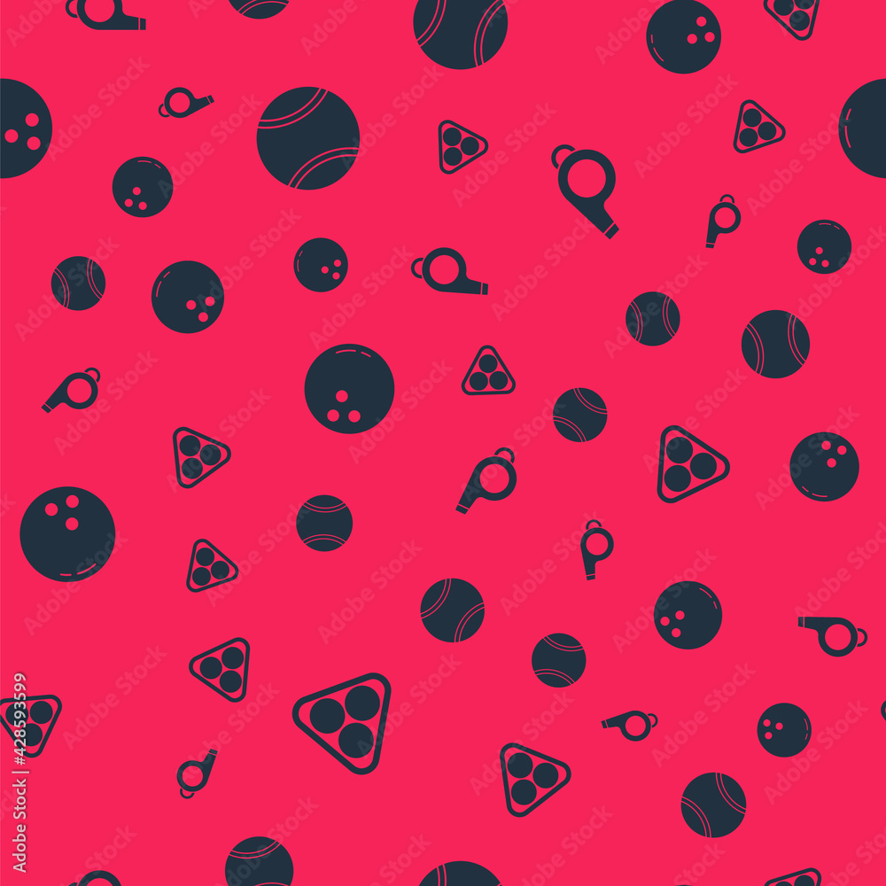 Set Billiard balls in a rack triangle, Tennis, Bowling and Whistle on seamless pattern. Vector Set Billiard balls in a rack triangle, Tennis, Bowling and Whistle on seamless pattern. Vector
