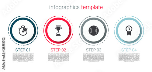 Set Stopwatch, Award cup, Tennis ball and Medal. Business infographic template. Vector