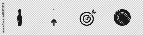 Set Bowling pin, Fencing, Target with arrow and Baseball ball icon. Vector