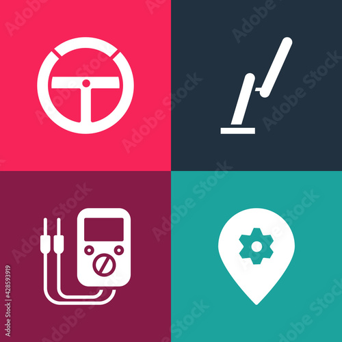 Set pop art Location with car service, Multimeter, Windscreen wiper and Steering wheel icon. Vector