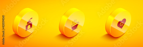 Set Isometric Manual coffee grinder, Coffee cup and Lovers icon. Vector