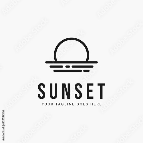 Beach sunset line art minimalist logo vector illustration design