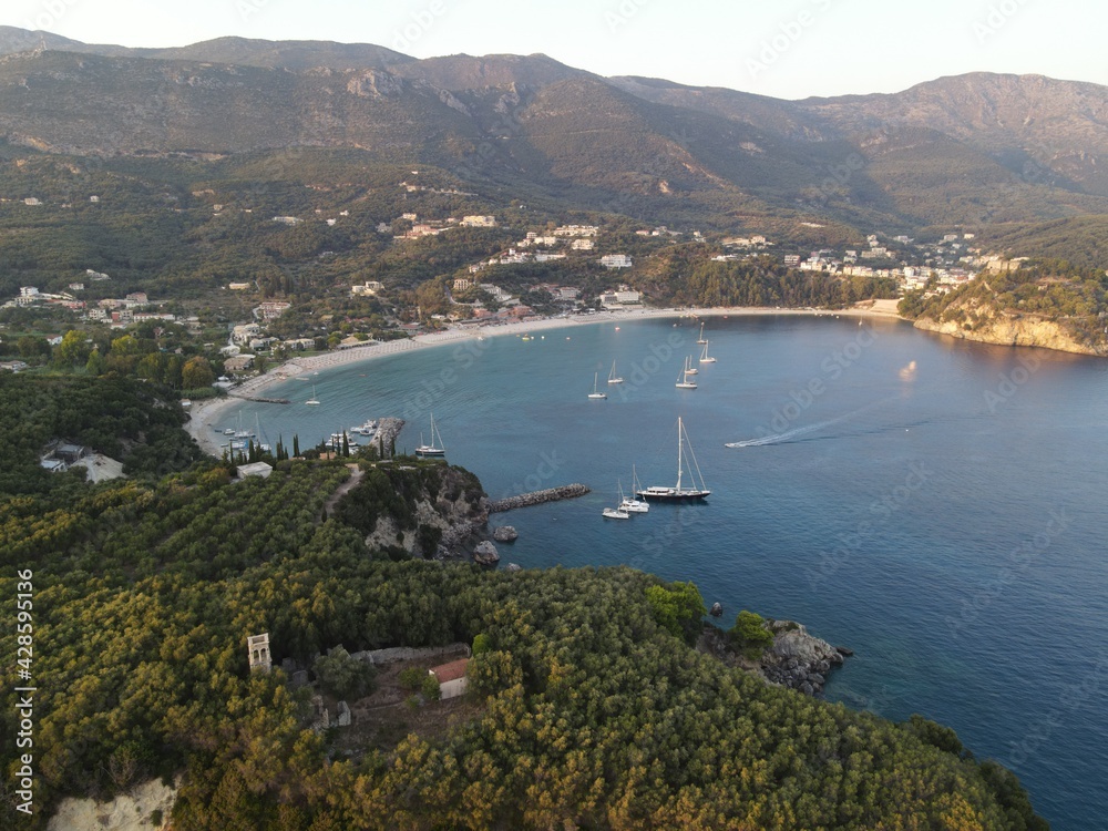 Parga Greece preveza valtos beach aerial view of the tropical and exotic historical parga town castle and island of panagia in epirus famous tourist attraction destination