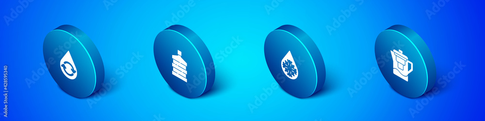 Set Isometric Recycle clean aqua, Defrosting, Water jug with filter and Big bottle water icon. Vector Set Isometric Recycle clean aqua, Defrosting, Water jug with filter and Big bottle water icon. Vector