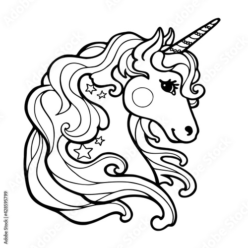 Cute Cartoon unicorn outlined black and white illustration. Black and white, linear, image of coloring books, prints, posters, stickers
