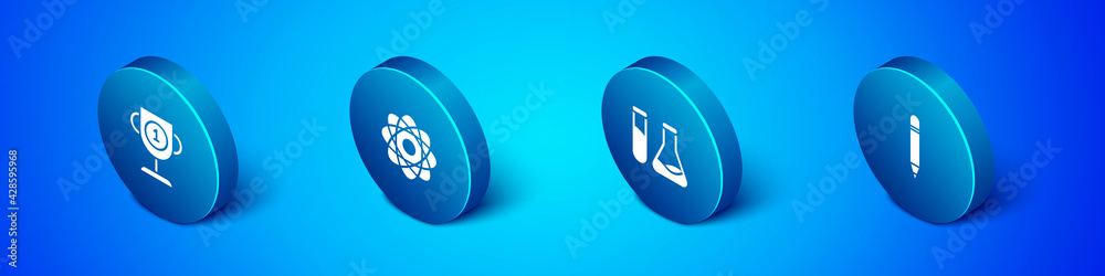 Set Isometric Award cup, Test tube and flask, Pencil with eraser and Atom icon. Vector Set Isometric Award cup, Test tube and flask, Pencil with eraser and Atom icon. Vector