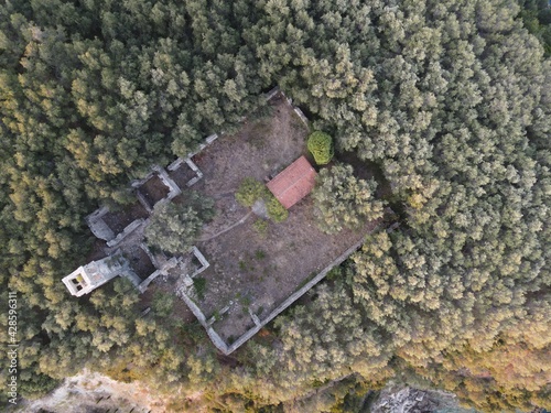 defaultAerial shot, Ruins Of Abandoned Byzantine Monastery Of Vlachernas stonebuilt on Hill Near Valtos Beach in Parga Greece Epirus, Preveza, photo