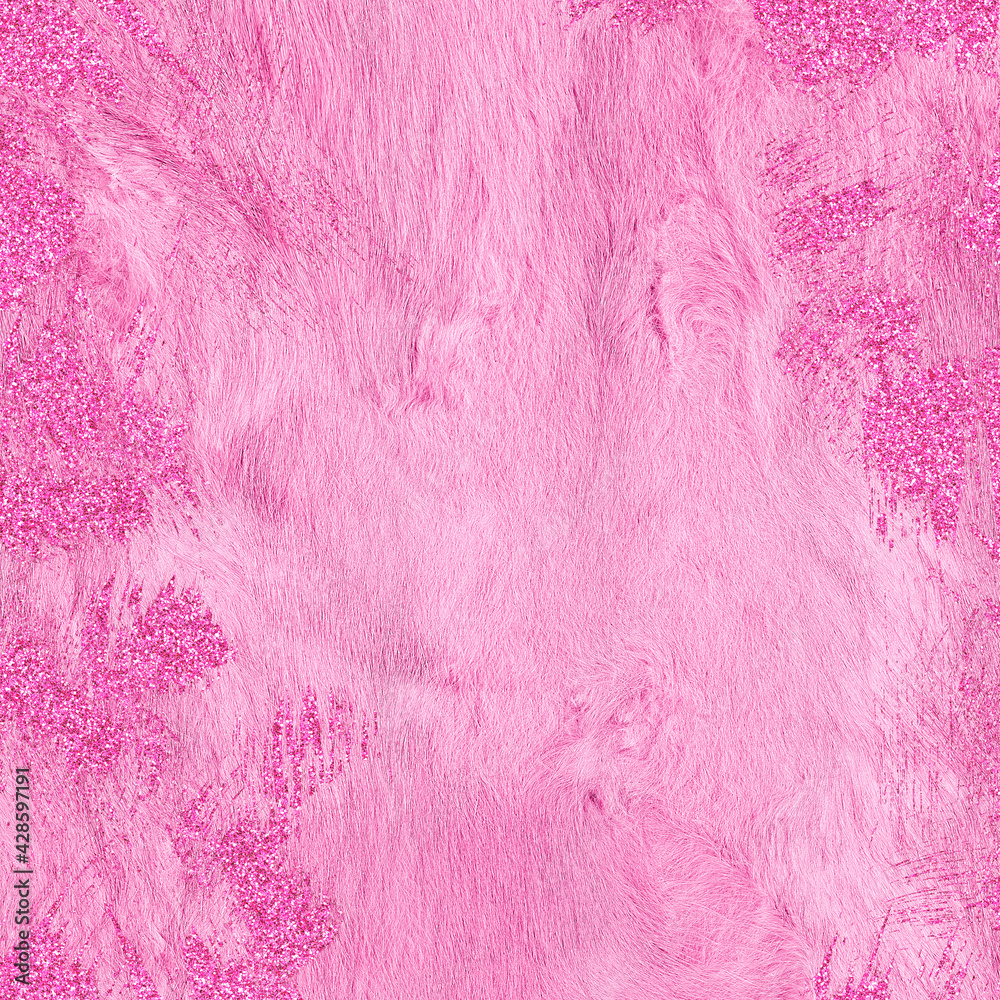 Obraz premium Natural furry texture with glitter shapes. Bright pink backdrop